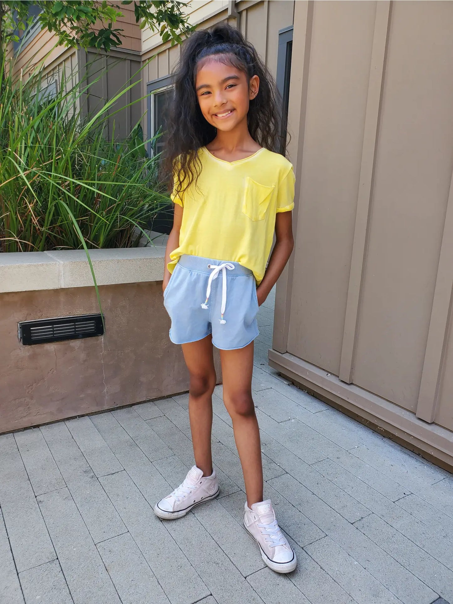 Paper Flower Raw Edge Back Pocket Shorts - Cashmere Blue